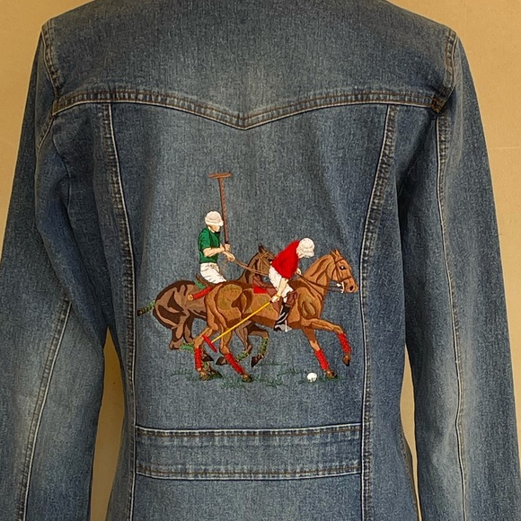 OOAK EMBROIDERED POLO PONY HORSE SCENE Denim Coat by Halogen Woman’s S Vtg RARE! - Picture 2 of 15